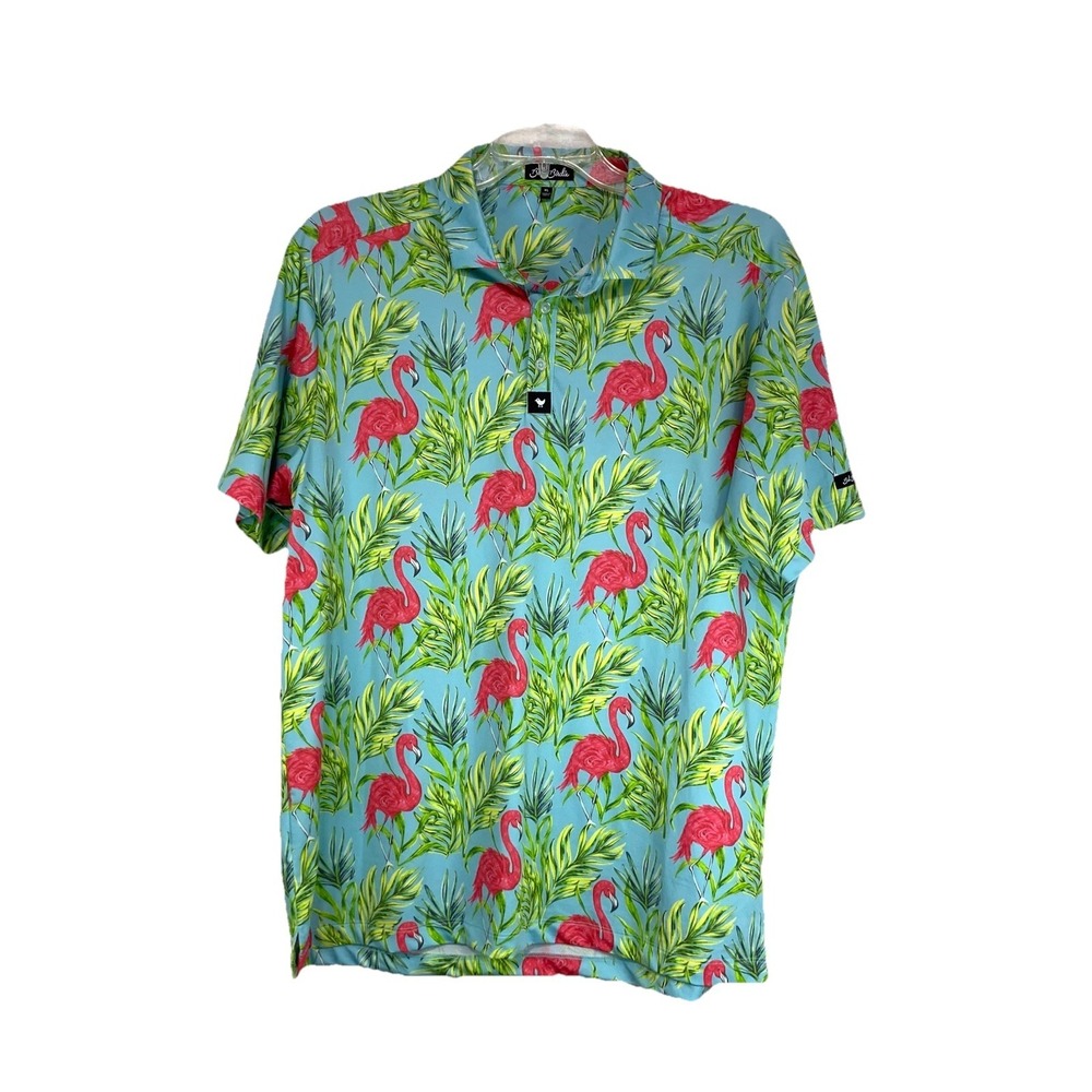 Bad Birdie Flamingo‎ Print Golf Blue Polo Men Size XL